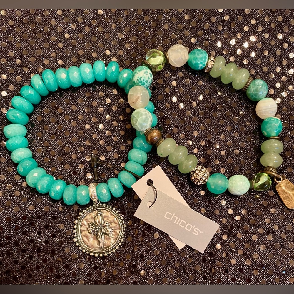 Chico's Jade and Crystal Beaded Bracelet Duo